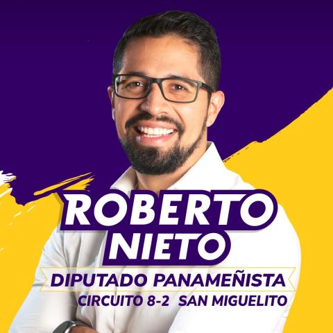 Rostro de Roberto Nieto con fondo morado y amarillo en camisa blanca y con los datos del candidato